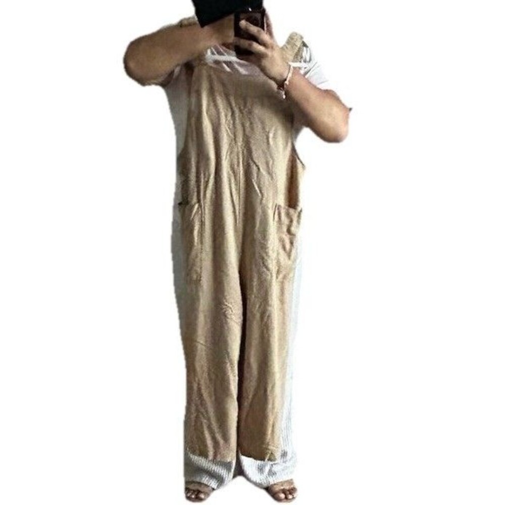 Women’s Linen Blend Wide Leg Jumpsuit Overalls Tan Beige Pockets Casual Size S - Picture 7 of 7